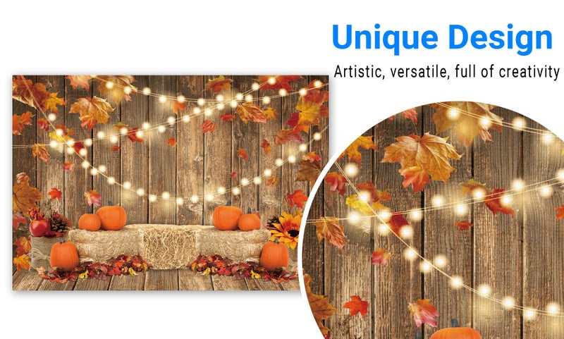 Funnytree 7x5FT Fall Pumpkin Photography Backdrop Autumn Thanksgiving Harvest Hay Leaves Wooden Background Sunflower Maple Baby Shower Banner Decoration Party Supplies Photo Booth Prop - Image 3